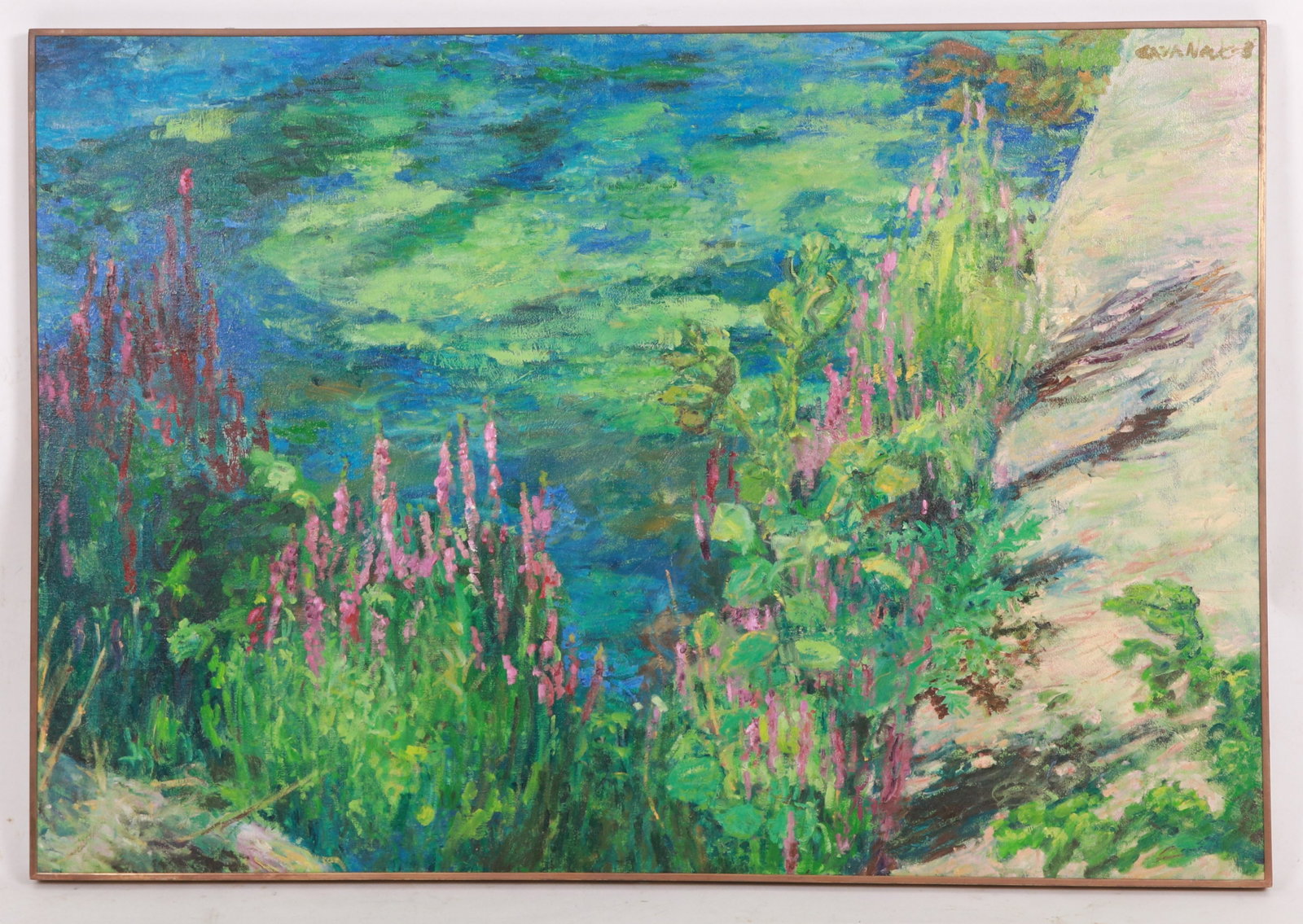 Myles Cavanaugh, Wing Dam, Lambertville: Oil on canvas, signed upper right, depicting the shallows of the wing dam in Lambertville, New Jersey. Dimensions:30.5" x 44.25" framed Provenance:From a New Hope collection.