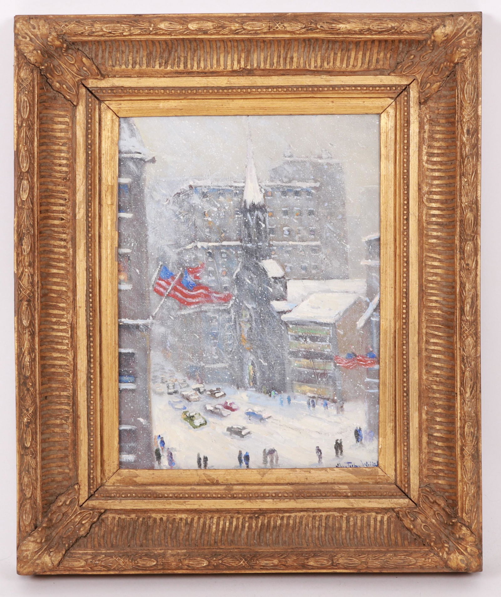 Christopher G. Willett (Born 1959) Oil on Canvas: "NY City Trinity Church." Signed at the lower right. Dimensions:16" x 12", the frame 24 1/2" x 20 1/2". Provenance: