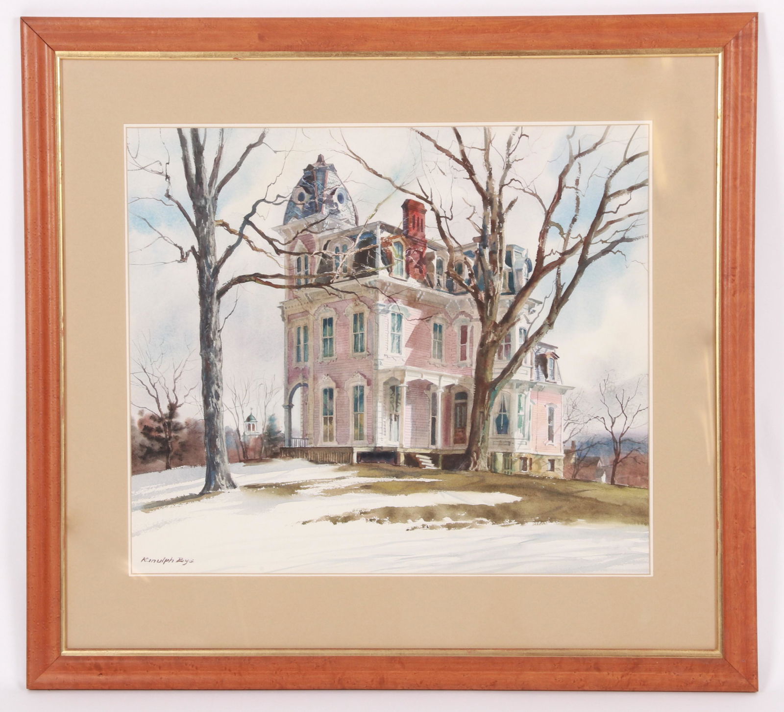 Ranulph Bye (1916 - 2003) Watercolor: Depicting a Victorian house, signed at the lower left corner. Dimensions:Sight is 20 1/2" x 23 1/2", the frame 30 1/2" x 33 1/2". Provenance:From a local collection.