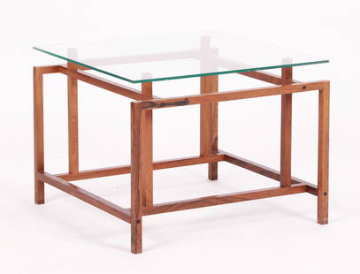 Henning Norgaard For Komfort, Rosewood Table: A mid century geometric rosewood Danish side table with glass top ca. 1960s. Dimensions:15" x 19.75" x 19.75" Provenance:From a Pennsylvania Estate