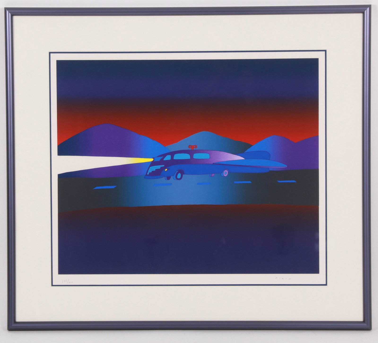 Jean-Michel Folon (B. 1934) Serigraph: Pencil signed, numbered 185/200, depicting an abstract vehicle at dusk. Dimensions:Sight is 23.5" x 27.75"; the frame measures 32.75" x 37.25" Provenance:From a Main Line collection.