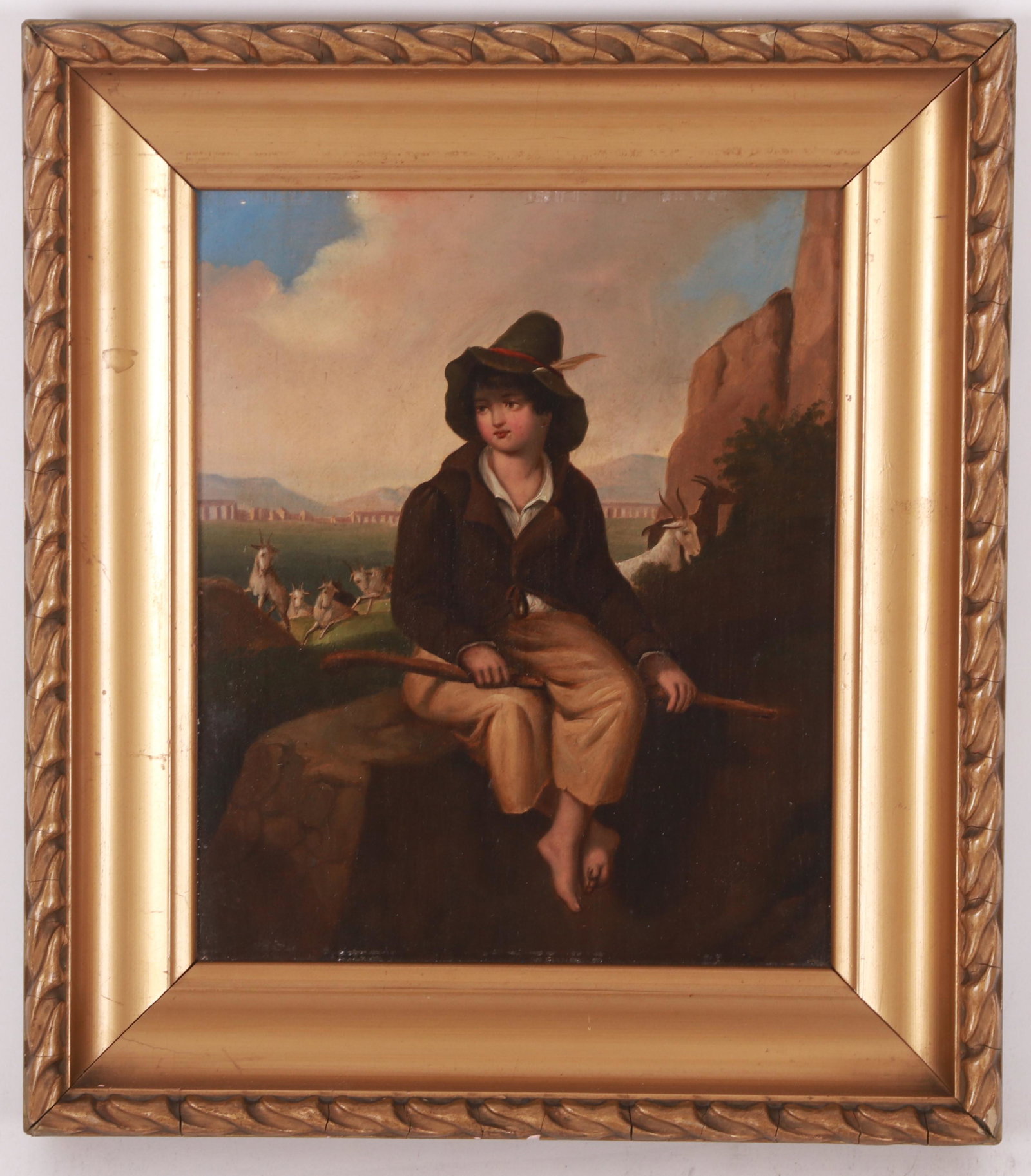 19th Century Continental School, Shepherd: Oil on board, depicting a Tyrolean shepherd boy within a mountainous landscape . Dimensions: Framed: 11" H x 9.5" W. Painting: 7.75" H x 6.5" W. Provenance: From a Main Line collection.