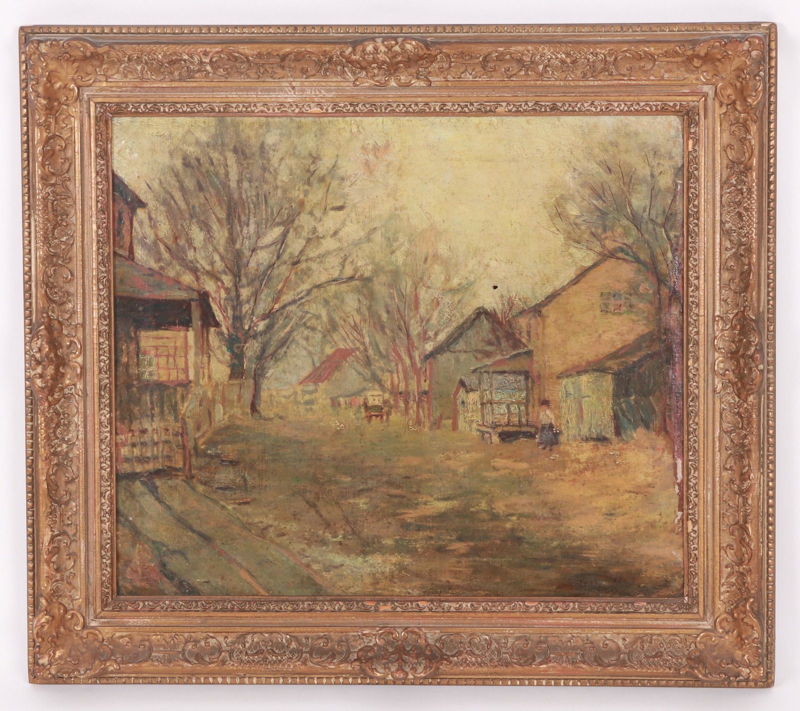 A Pennsylvania Impressionist Painting: Early 20th century, depicting a street scene in Bucks County, PA. Unsigned. Dimensions: 22.25" H x 25.5" W Framed, 17" H x 20" W canvas. Provenance: From a local estate.