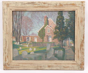 Arthur Meltzer (American, 1893 - 1989) Churchyard: Oil on canvas, depicting a churchyard at sunset, probably in Bucks County. Signed & dated 1923 bottom right. Dimensions: 21.25" H x 25.25" W framed, 16" H x 20" W canvas. Provenance: From a local esta