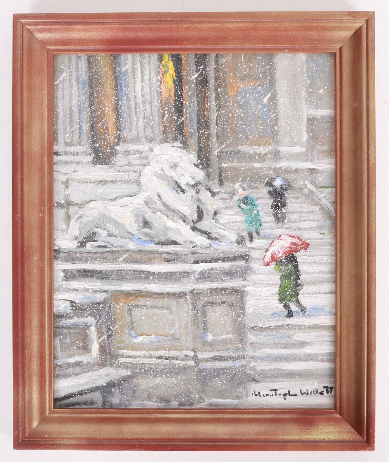 Christopher G. Willett (Born 1959) Oil on Board: "The Guardian New York City Lybrary", signed at the lower right. Dimensions: 10" x 8", the frame 11 1/2" x 9 1/2".