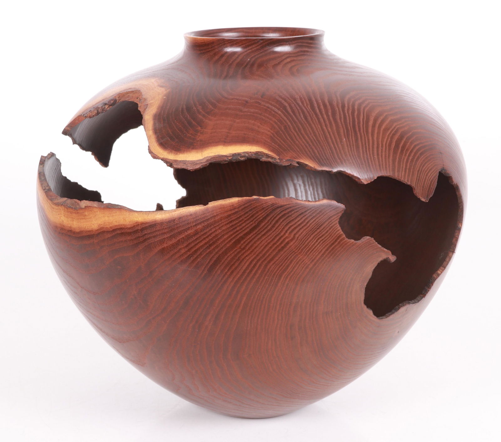 Clay Foster, A Cleft In Time: Red mulberry, vase form, signed and dated 1989. Dimensions: Approximately 15" h x 15.5" Dia Provenance: From a Pottstown collection.