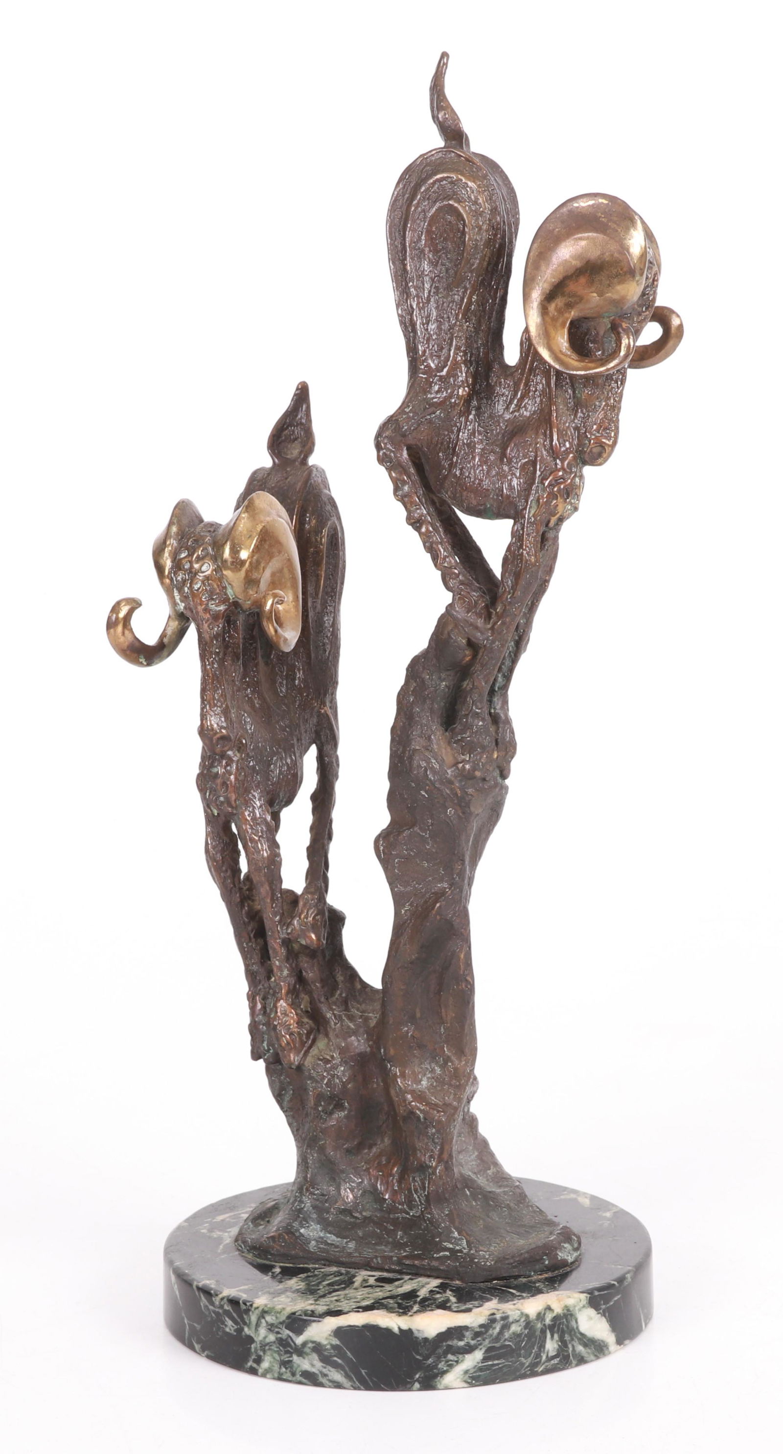 Bob Bennett, Modern Bronze, Mountain Goats: A brutalist style sculpture of mountain goats, signed & numbered 21/250, dated '77. Dimensions: 15.5" H x 6" W. Provenance: From a local collection