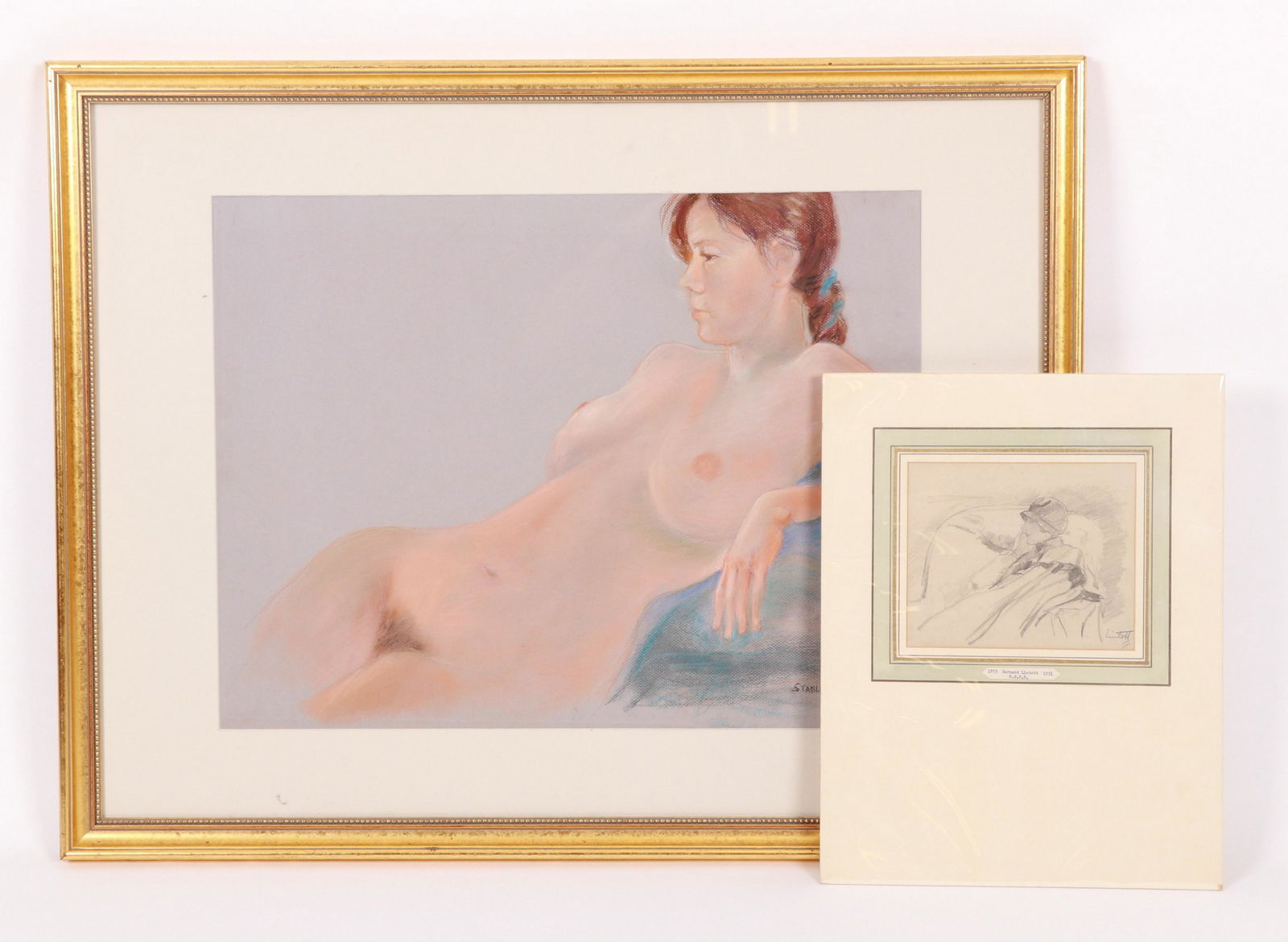 Two 20th Century Works On Paper: To Include a large Stanley M. Sokoloff pastel nude and an Edward Barnard Lintott drawing of a lady. Dimensions: Sokoloff: 28.25" H x 36.5" W framed, 19" H x 25" W mat opening. Nude pastel signed Vande