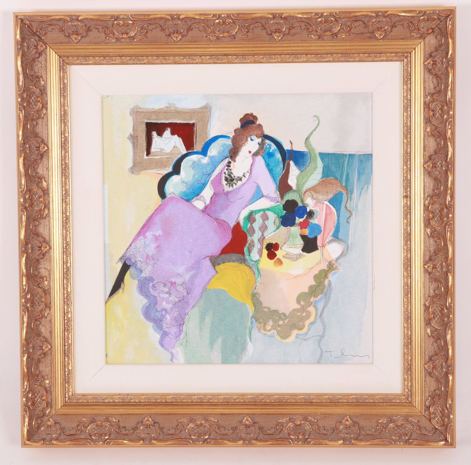 Itzchak Tarkay (1935 - 2012) Lithograph: A lithograph on canvas depicting an interior scene with a seated woman, signed at the lower right. Dimensions:16" x 16", the frame 25" x 25". Provenance:From a local collection.