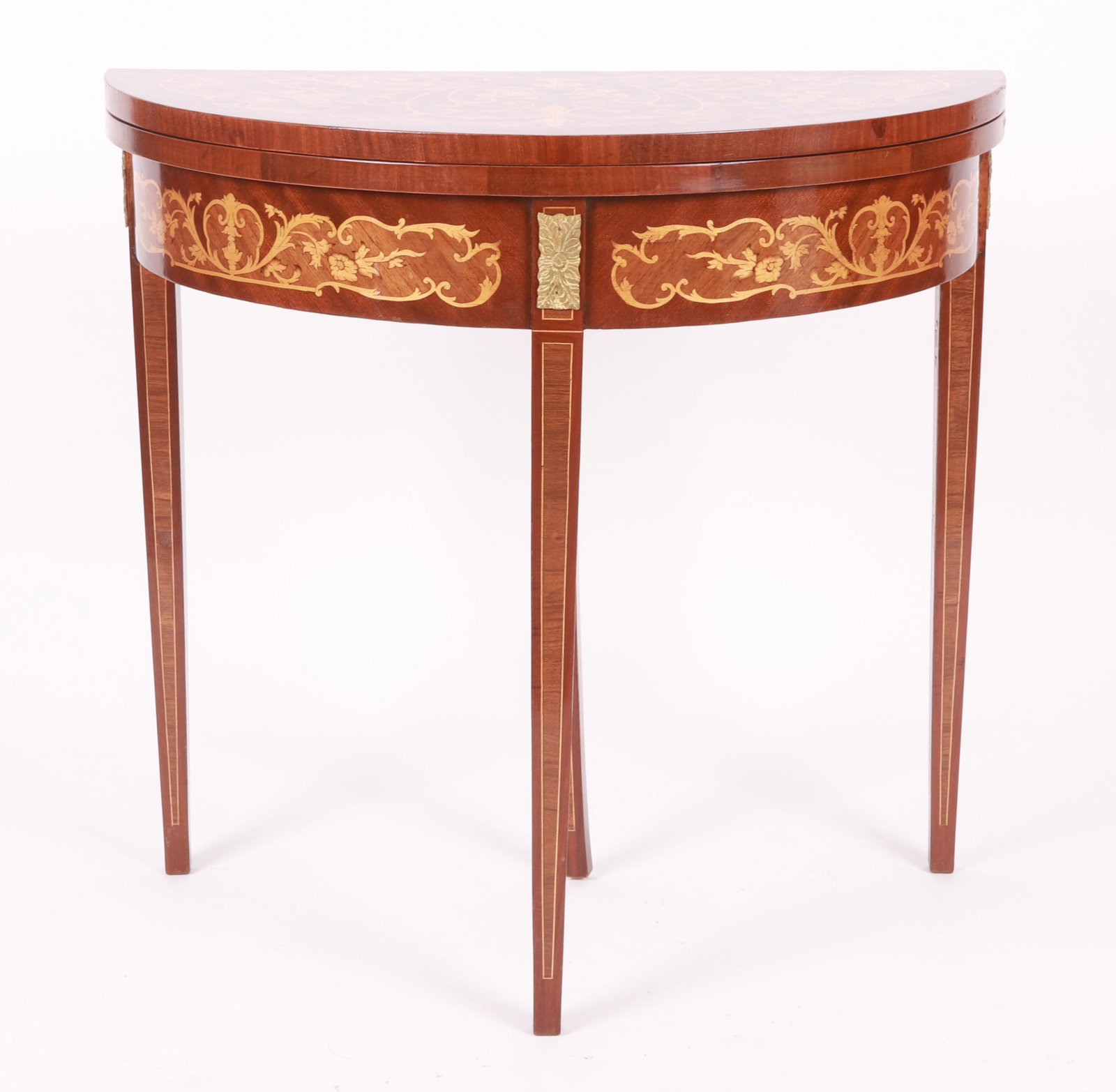A Marquetry Decorated Demilune Table: Modern with square tapered legs, ormolu mounts, and foliate and floral decoration. Dimensions:17 1/2" x 35" height is 33 1/2