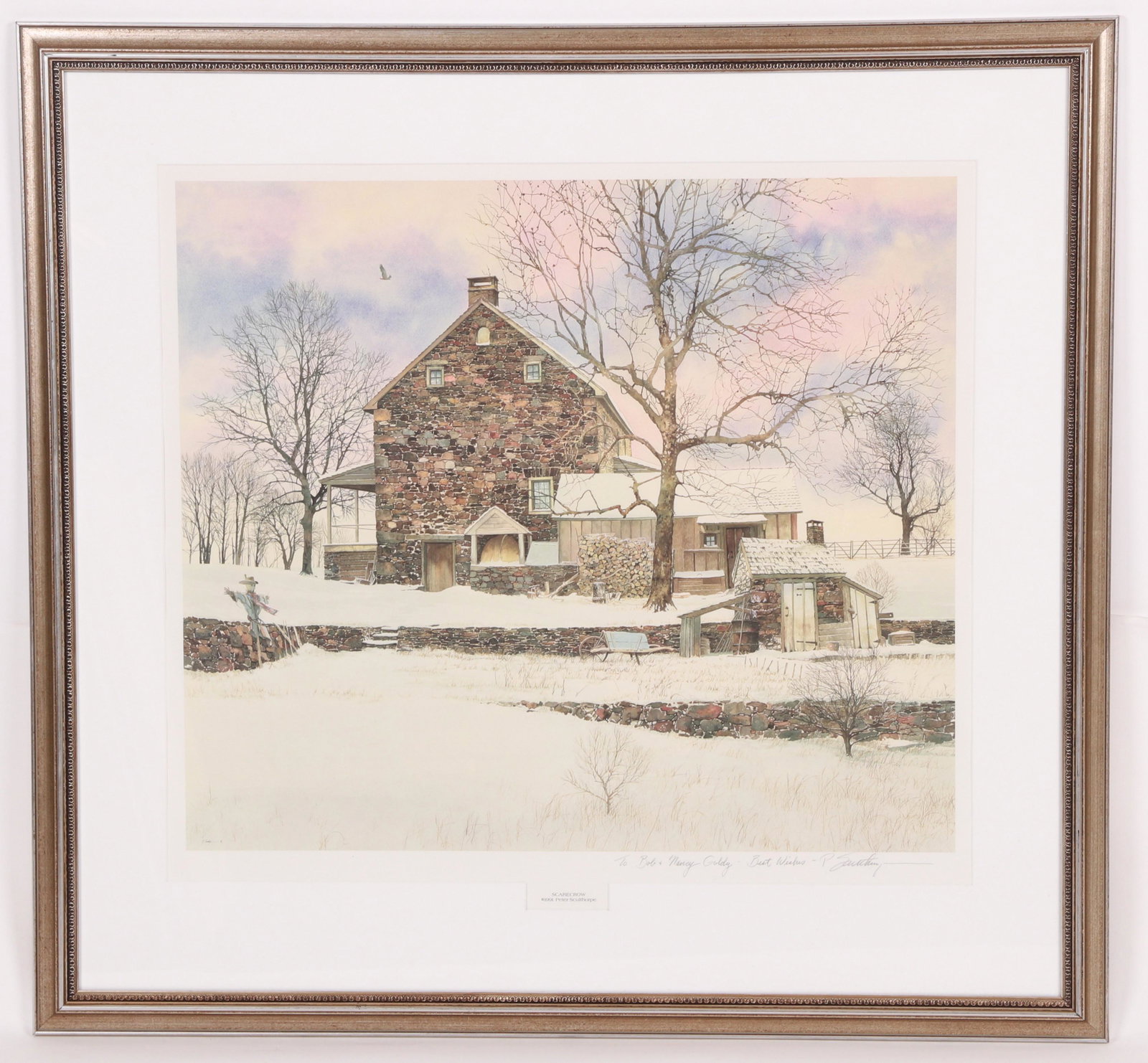 Peter Sculthorpe, American, b 1948, Print: An offset lithograph titled, "Scarecrow", pencil signed and dedicated. Dimensions:Sight is 23" x 25 1/2", the frame 33" x 34 1/2". Provenance:From a local collection.