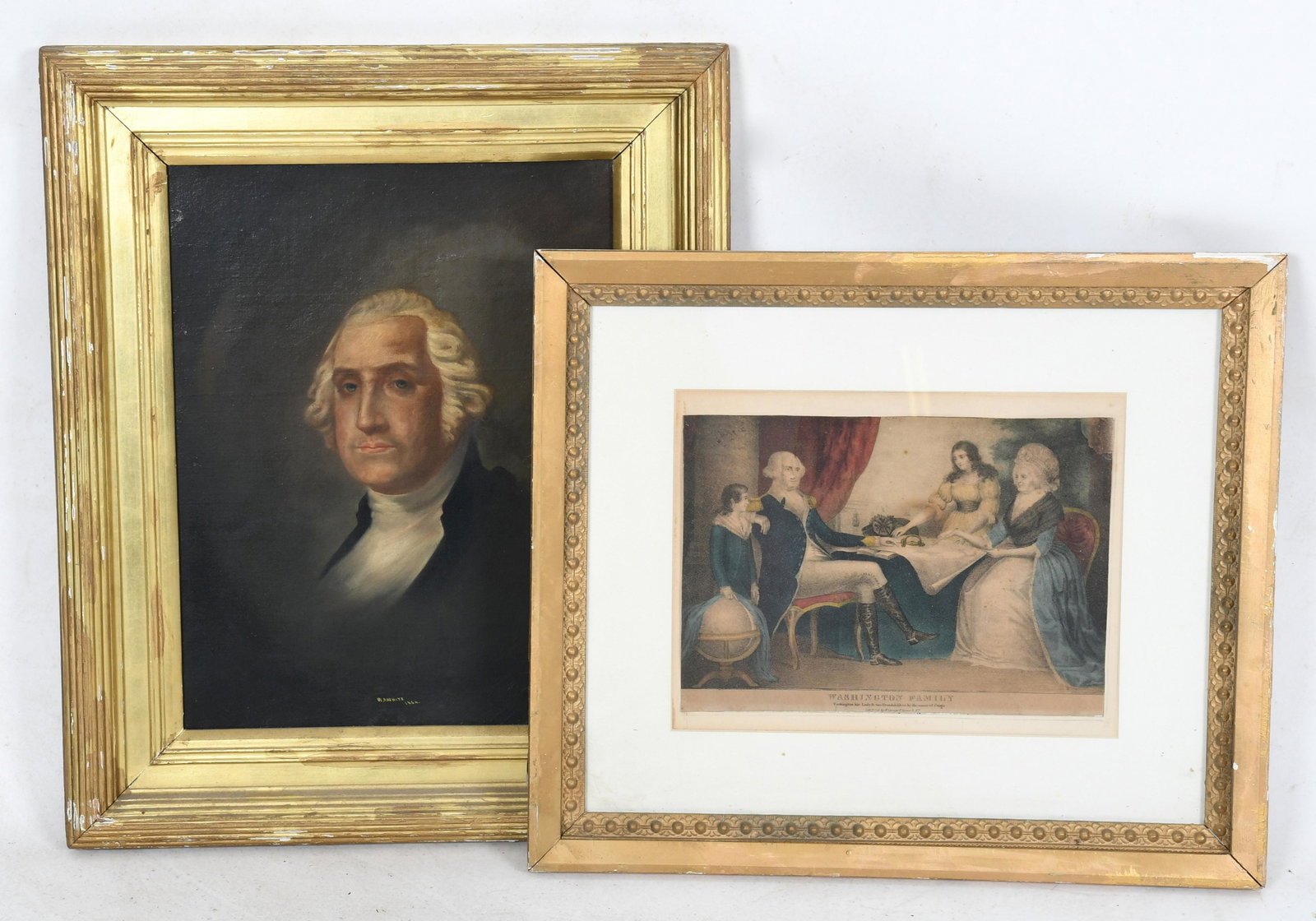 A Portrait of George Washington, Dated 1864: Oil on canvas, after Gilbert Stuart (American, 1755-1828), signed "W.R. White" and dated for 1864. Together with a Currier print of the Washington Family, hand colored. Dimensions:The painting is 18"