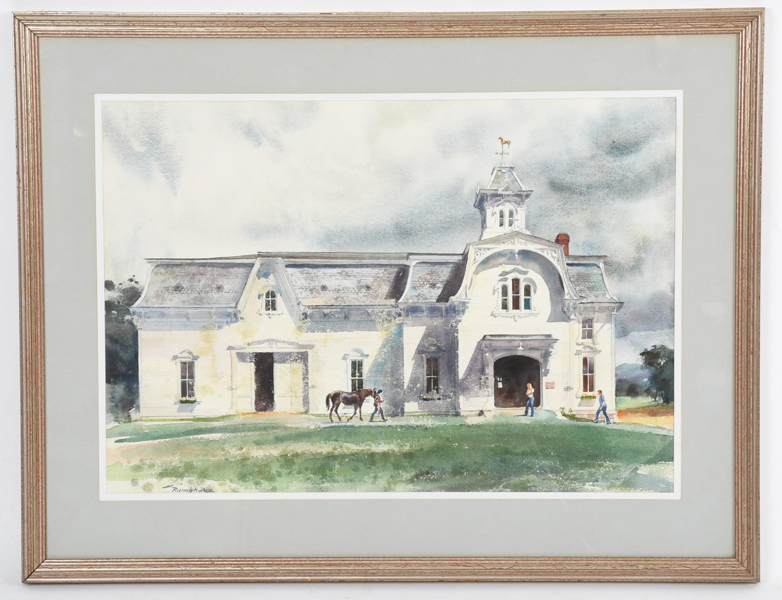 Ranulph Bye (1916-2003) Watercolor: "Morgan Horse Farm" Weybridge Research Center, University of Vermont, Middlebury, VT. June 26th, 1975. Signed at the lower left corner. Dimensions:Sight is 20" x 28 3/4", the frame 29" x 37 1/2". Prov