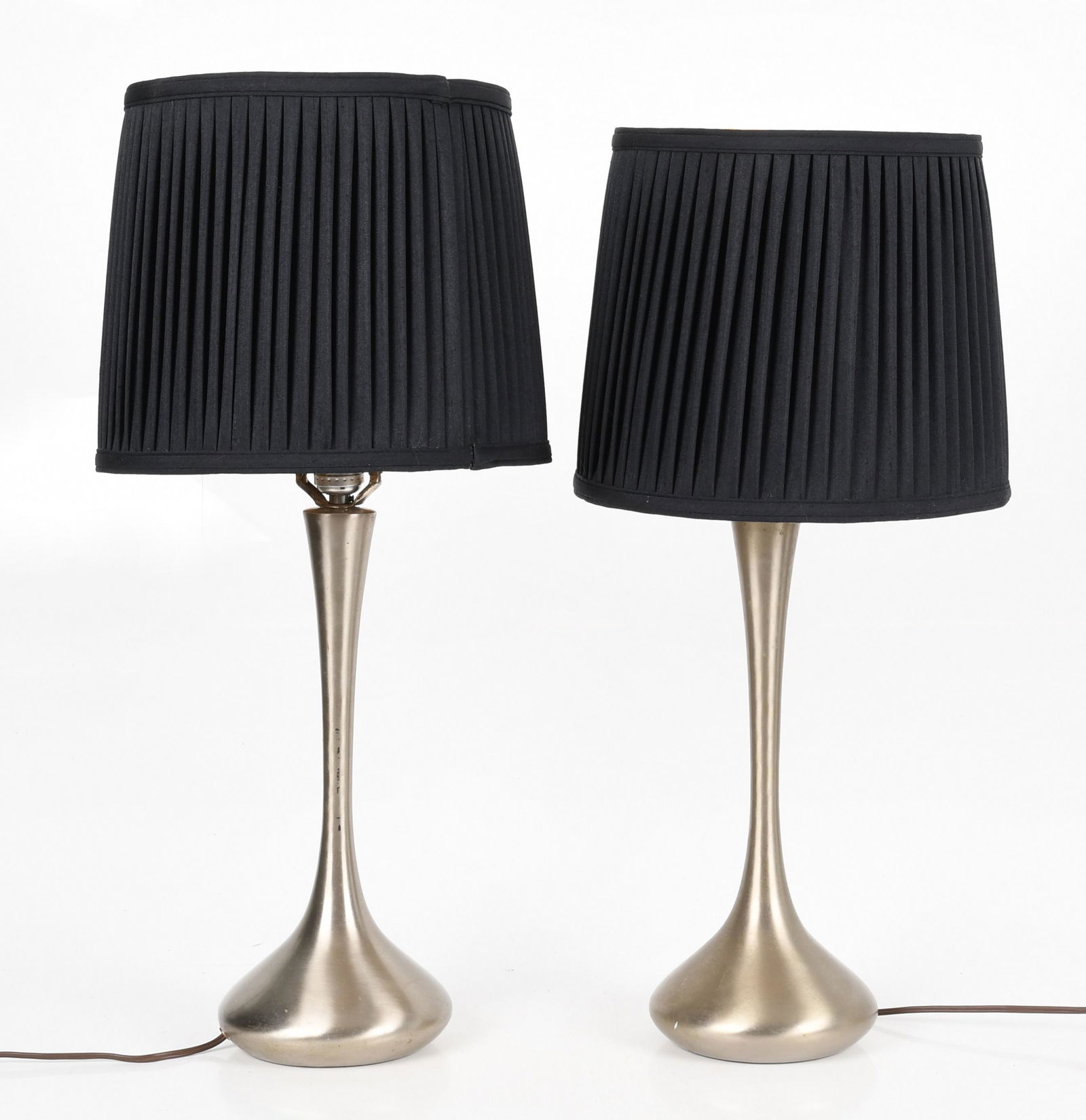 A pair brushed aluminum 'Orient' style table lamps: A pair of brushed aluminum 'Orient' style table lamps, in the manner of Jo Hammerborg, mid 20th century. Dimensions:height overall 25 1/2in; diameter 6 1/2in Provenance:From a Bucks County collection.