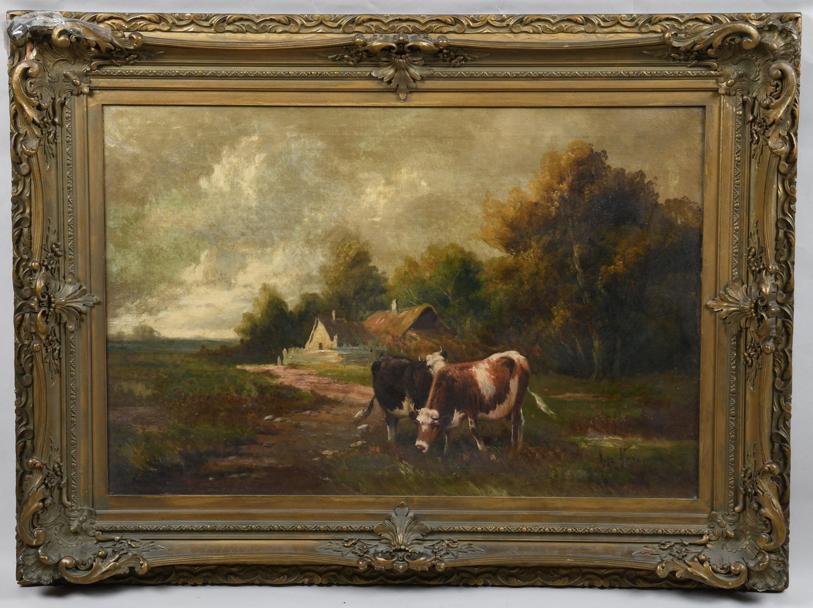 Pastoral Landscape with Cattle, Oil on Canvas: Continental School (19th century), Pastoral landscape with cattle and farmhouse in the background, oil on canvas, indistinctly signed to the lower right. Dimensions:20 x 30in; frame 28 1/2 x 38 1/2in.