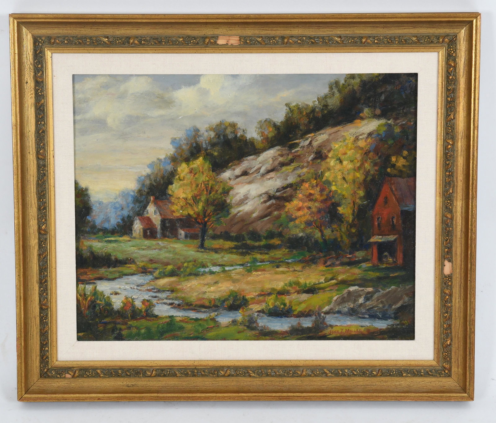 John Zollinger Miller (1867 - 1958) Oil on Board: A landscape with barn, signed at the lower right. Dimensions:15 1/2" x 19 1/2", the frame 21 1/2" x 25 1/2".