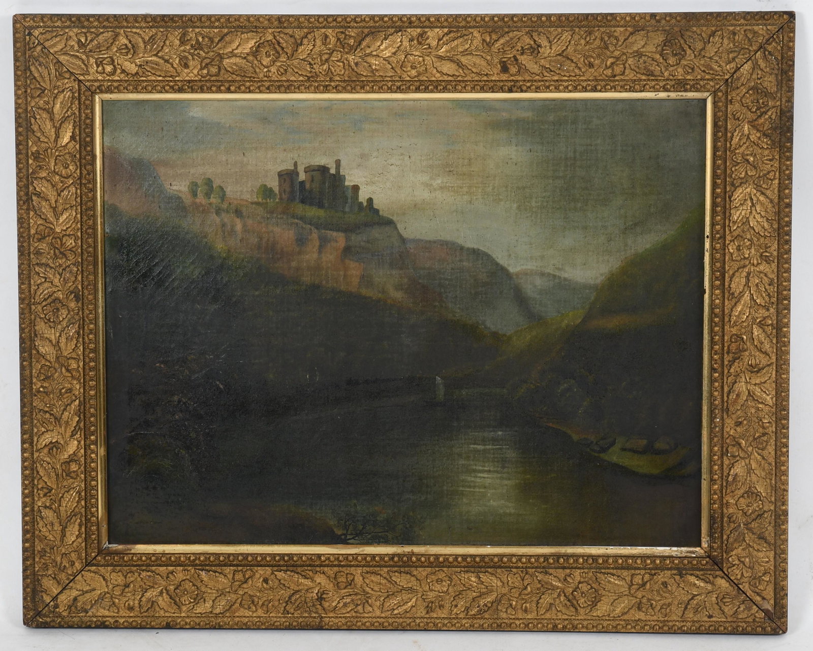 Hudson River School, Oil on Canvas: A landscape with central river and a castle-like building perched at the upper left, unsigned. Late 19th century, with what appears to be the original frame. Dimensions:19" x 25", the frame 24 1/2" x 