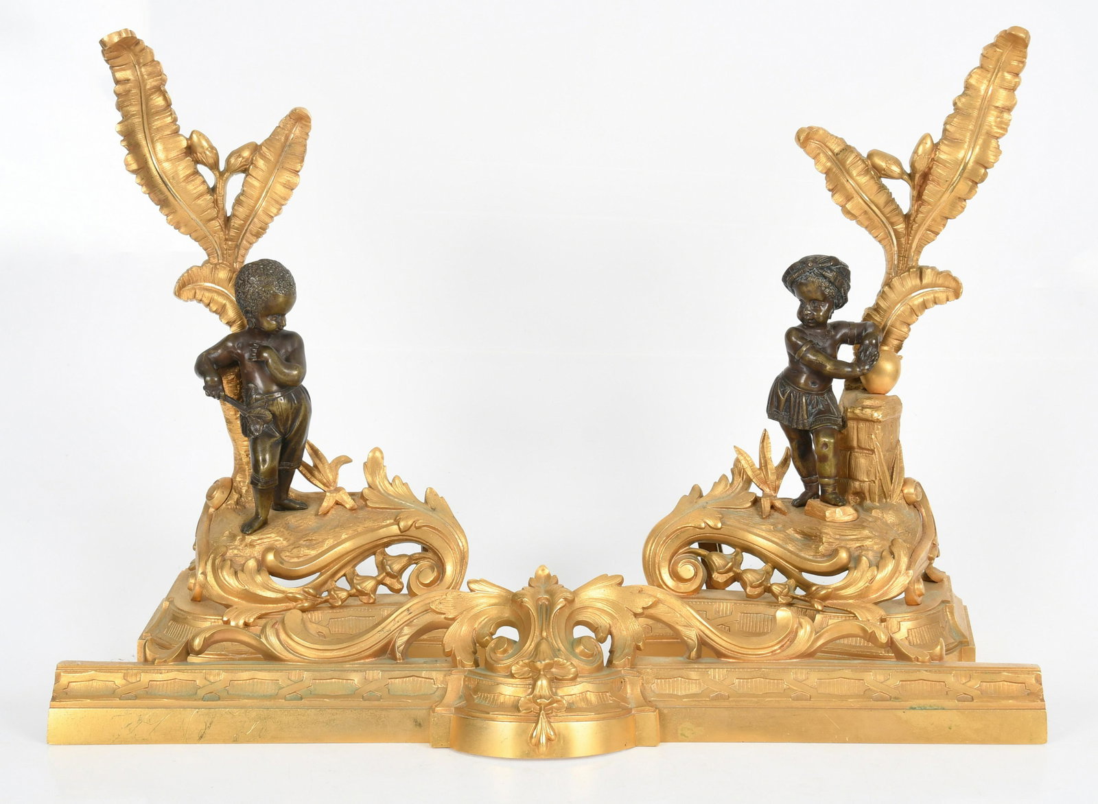 Pair of French Gilt Bronze Chenets and Fender (1 of 9)