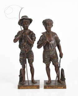 Two French Bronze Figural Groups, Lavergne: Two French patinated bronze figural groups: 'Pecheur' and 'Charmeur de Lezards', Adolphe Jean Lavergne (1852-1901), late 19th century, each base incised "Lavergne" and with an applied brass title plaq