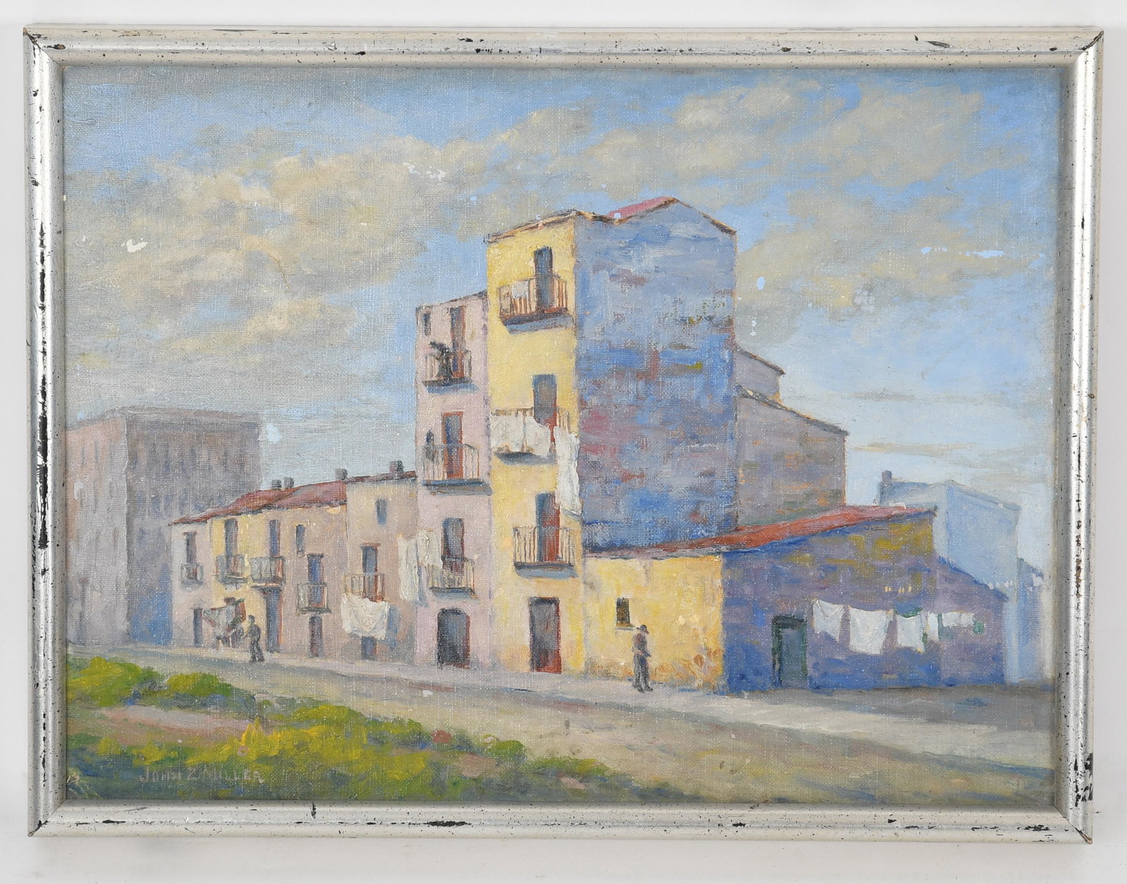 John Zollinger Miller (1867 - 1958) Oil on Board: An urban scene with figures, signed at the lower left. Dimensions:The frame measures 13" x 17".