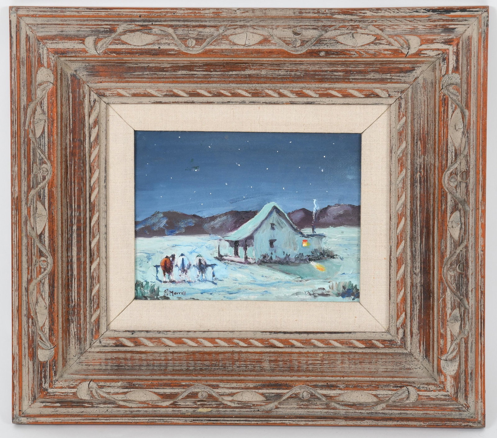 Arthur (A.J.) Merrill (1885 - 1973) Oil on Board: "The Poker Game", signed at the lower left corner. Dimensions:8 1/2" x 10 1/2", the frame 15" x 17". Provenance:From a local collection.