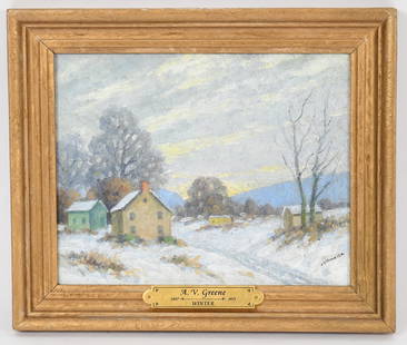 Albert Van Nesse Greene (1887 - 1971) Oil on Board: "Winter", signed at the lower right corner. Dimensions:8" x 10", the frame 10 1/2" x 12 1/2". Provenance:From a Bucks County Collection.