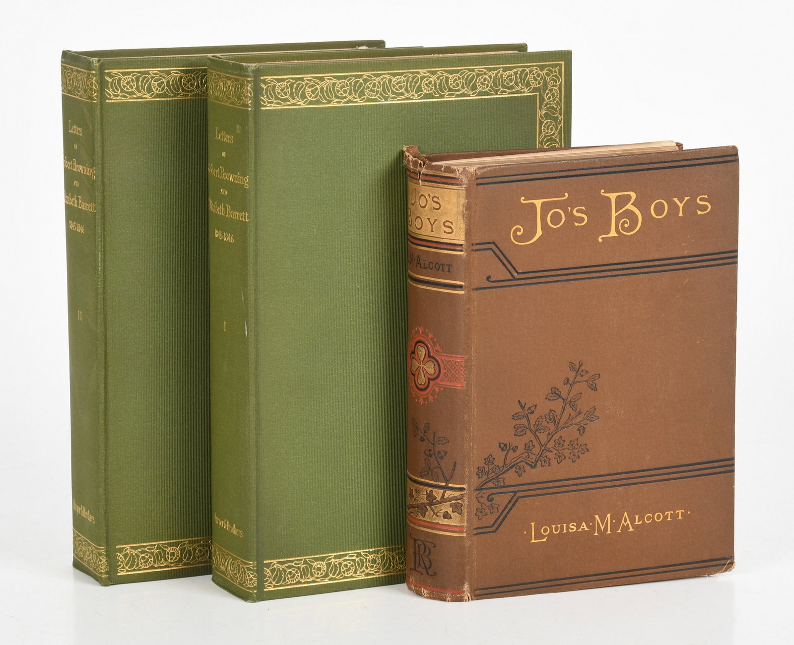 Three Volumes, Louisa M. Alcott and Browning: "Jo's Boys", in brown cloth, Roberts Brothers, 1886 and "Letters of Robert Browning to Elizabeth Barrett, 1845-1846" in two volumes, green cloth, Harper and Brothers 1898. Dimensions:7" x 5" x 1 1/2"
