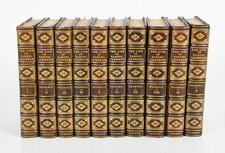 The Life of Samuel Johnson, Ten Volumes, 1853: "The Life of Samuel Johnson, LL.D...", by James Boswell, with fifty engraved illustrations, Henry G. Bohn, York Street, Covent Garden. Half bound with marbled boards. Dimensions:Each is 7" x 4 1/2".