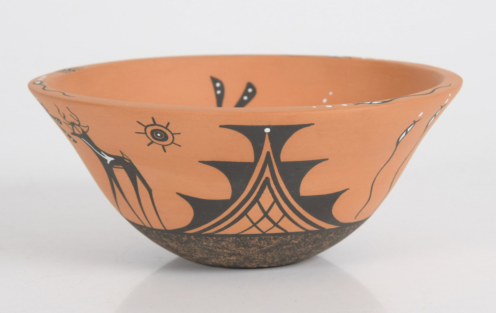 A Zuni Pottery Bowl: 20th century, with figural decoration, marked "Peynetsa". Dimensions:7" in diameter, the height is 3". Provenance:From a Bucks County collection.