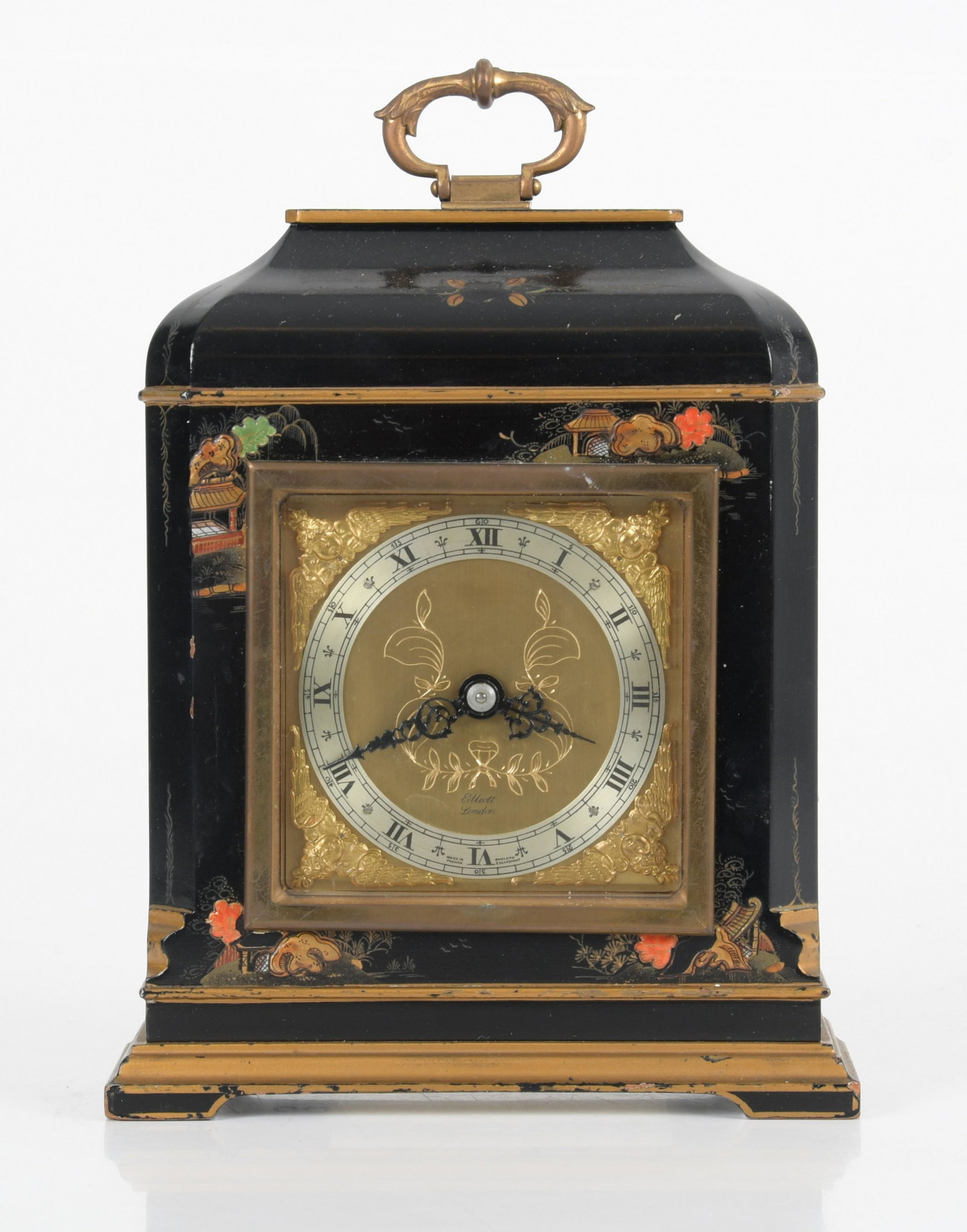 Chinoiserie Bracket Timepiece, Elliot, London: A diminutive English black and gilt japanned chinoiserie decorated bracket timepiece, Elliot, London, 20th century, the square brass dial with silvered chapter ring having Roman hours and Arabic minut