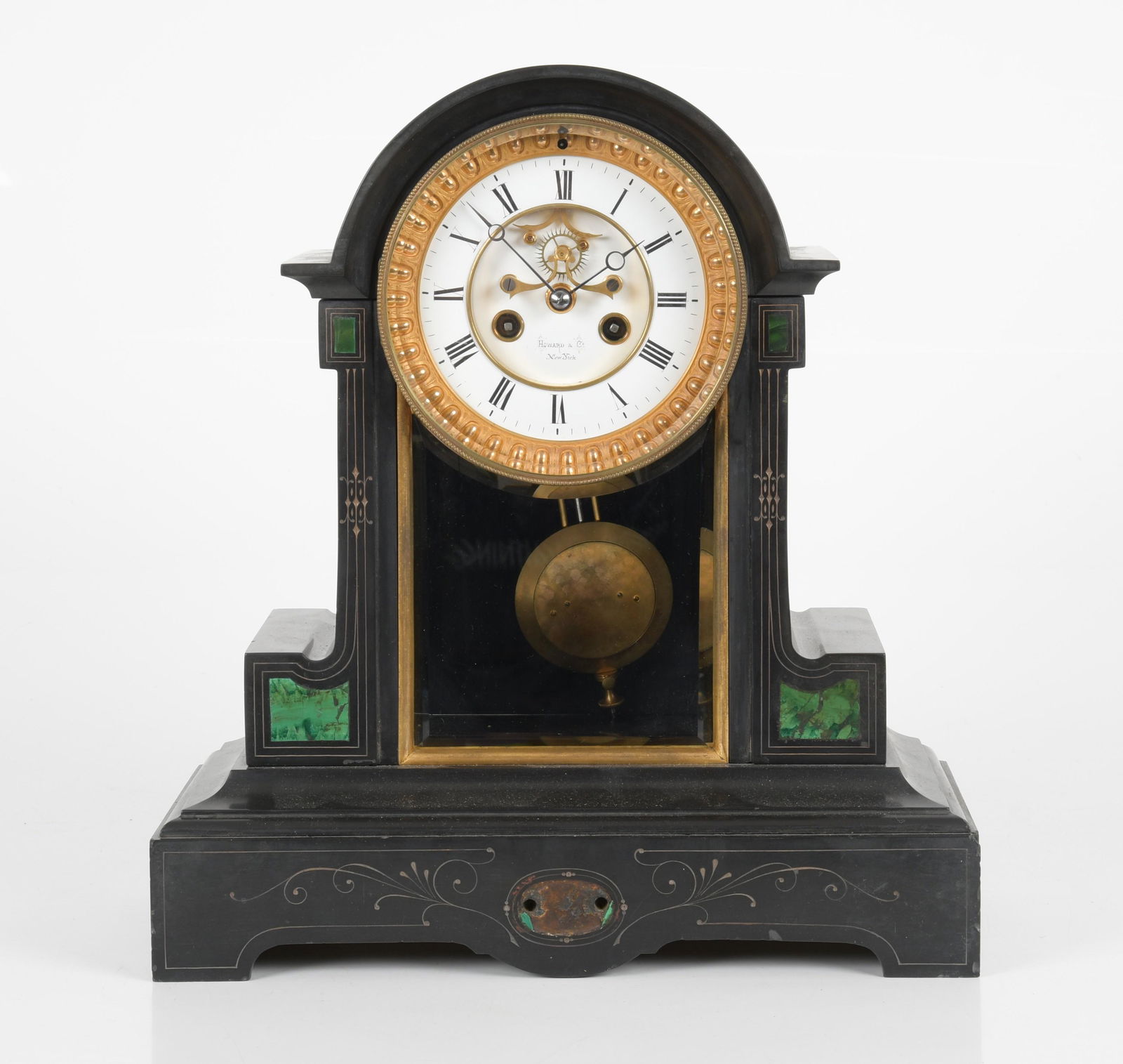 French Malachite Inlaid Black Slate Mantel Clock (1 of 10)