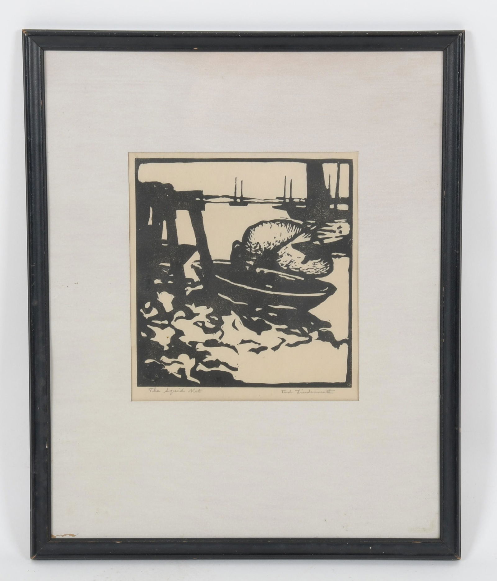 Tod Lindenmuth (1885 - 1976) Woodblock: "The Squid Net", pencil signed. Dimensions:Sight is 8 3/4" x 7 3/4", the frame 18 1/2" x 15".