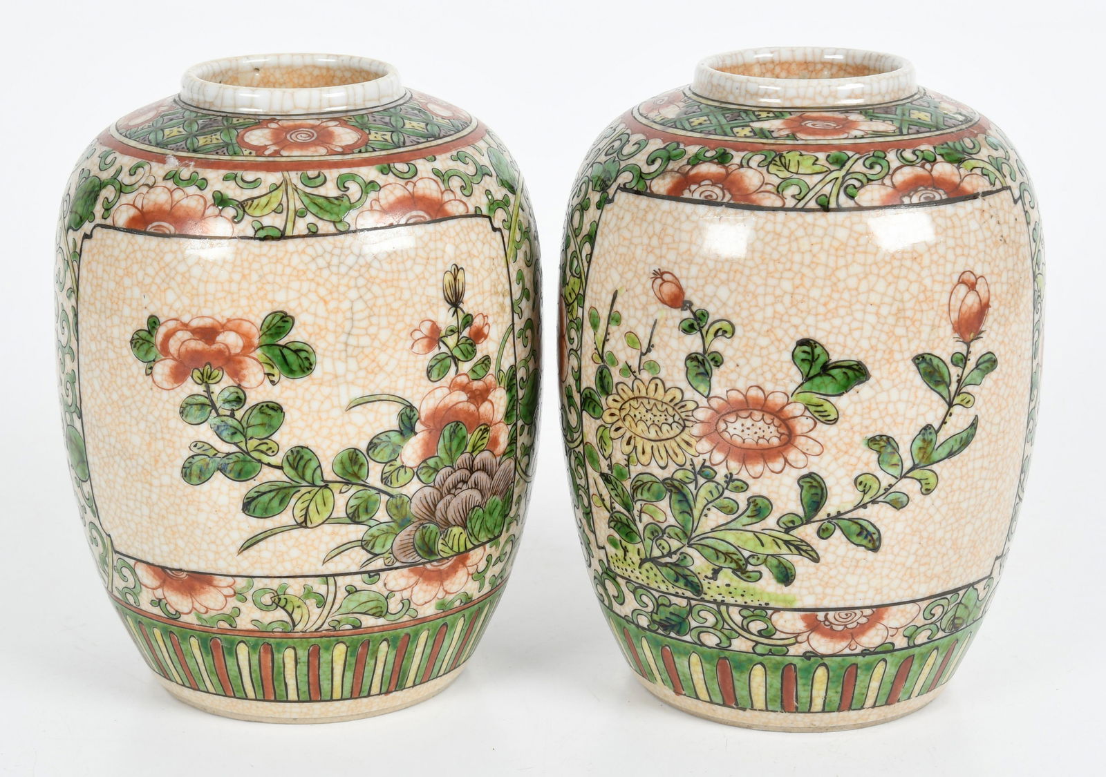 Pair Chinese Famille Verte Crackle Glazed Jars (1 of 6)