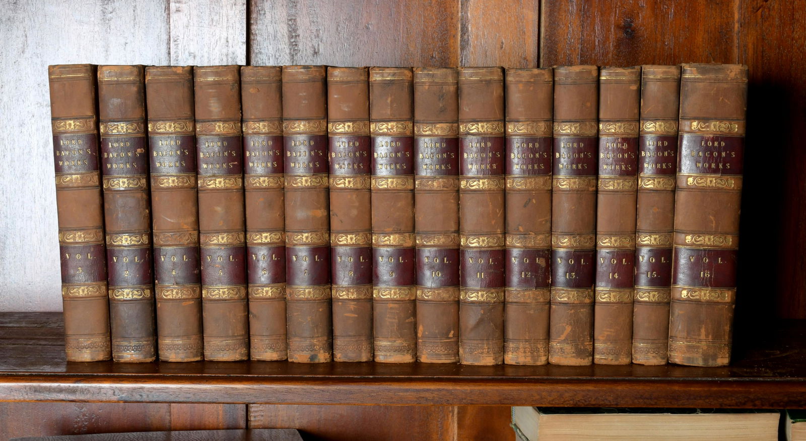 Lord Bacon's Works, 15 Volumes: "The Works of Francis Bacon", London, William Pickering, 1825. Full leather. Missing volume 1. Dimensions:8" x 6". IMPORTANT NOTE: ALL preview and pickups for this sale are BY APPOINTMENT ONLY in Mont
