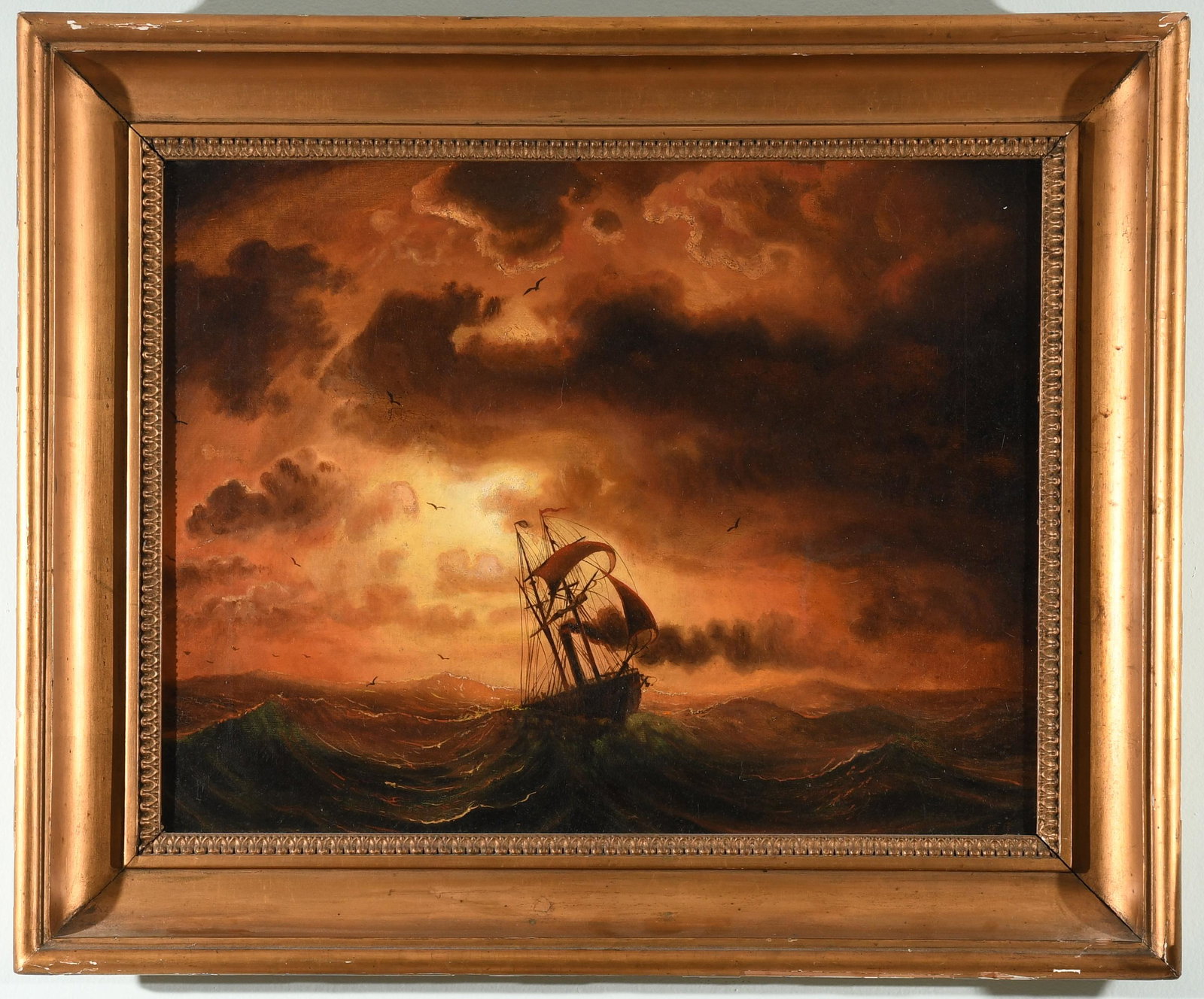 Markus Larsson, Swedish Steamship in Storm: Markus Larsson (Swedish, 1825-1864), Steamship in storm, 1858, oil on canvas, initialed "ML" to lower right, signed and dated verso. Dimensions:18 x 24in; frame 25 x 30in. IMPORTANT NOTE: ALL preview 