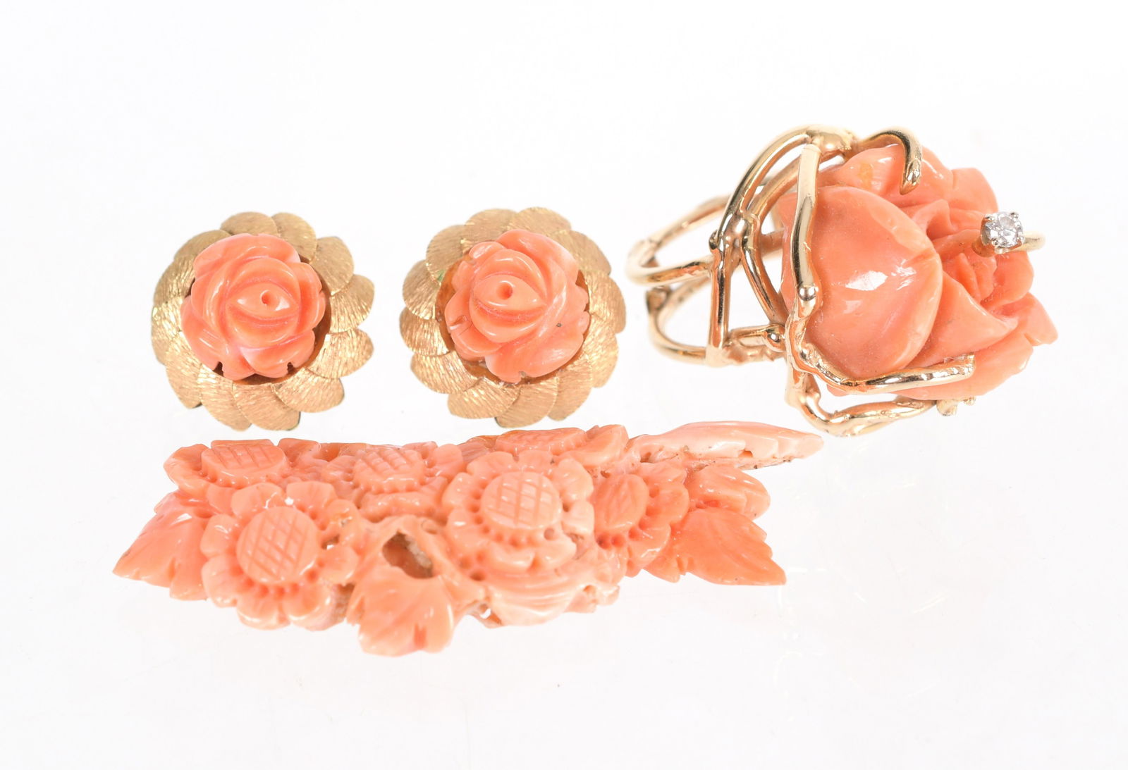 3 Piece 14K Carved Flower Coral Ring and Earrings (1 of 9)