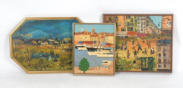 Three French Folk Art Paintings: A landscape with figures by Anne Baudouin, oil on board, a port scene by Ania Nicolas oil on canvas, and a street scene by Francoise Kuen (Born 1947) , oil on canvas. All signed and 20th century. Dime