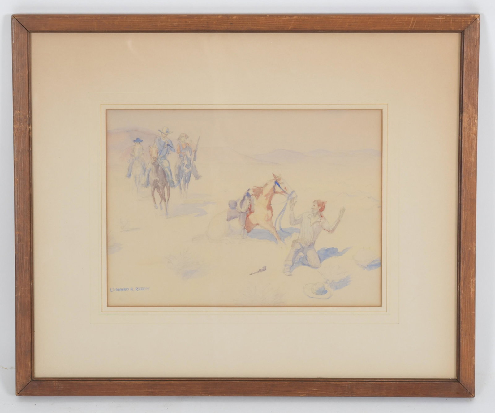 Leonard Howard Reedy (1899 - 1956) Watercolor: A western scene, signed at the lower left. Dimension:Sight is 8" x 10 3/4", the frame 15" x 18".