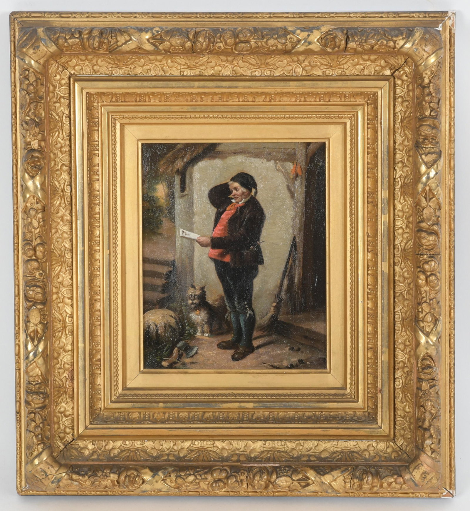 Continental School (19th c.) Oil on Canvas: A genre scene depicting a man reading a letter with a dog nearby. Unsigned. In what appears to be the original gilt gesso frame. Dimensions: 8 1/4" x 6 1/2", the frame 16" x 15". Provenance: From a Ch