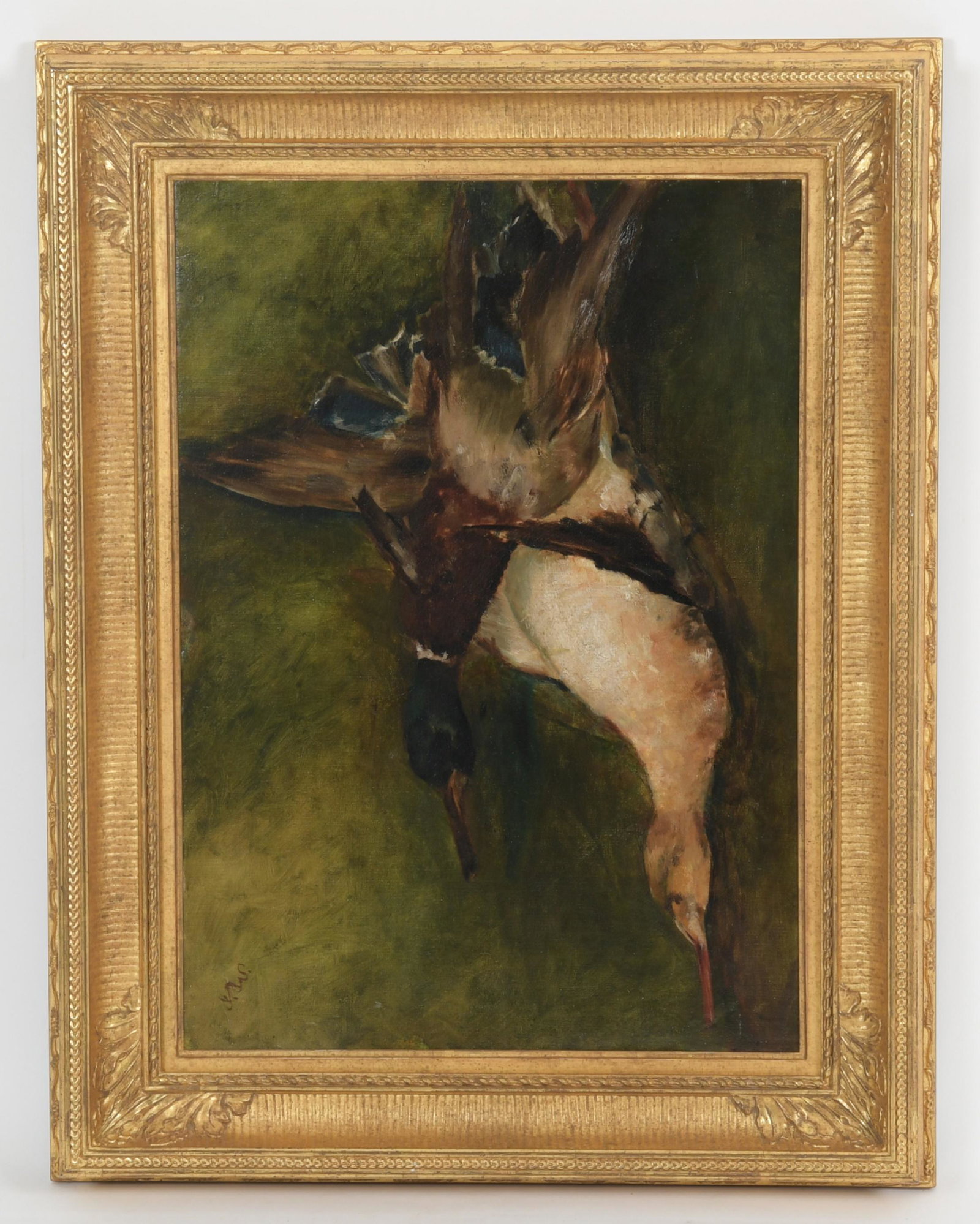 American School (19th Century) Oil on Canvas: Late 19th century, depicting two hanging ducks, initialed as pictured at the lower left. Dimensions: 17 1/4" x 24", the frame 24" x 31". Provenance: From a Chester County, PA estate.