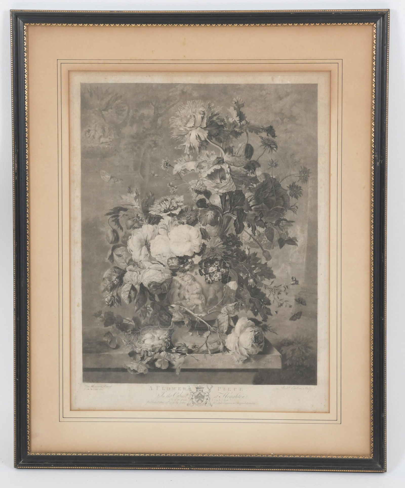 Richard Earlom After Jan Van Huysum: A mezzotint dated 1778 and published by John Boydell, London. Dimensions: Sight is 22 1/2" x 17 1/4", the frame 30" x 25".