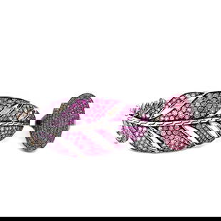 John Hardy Sterling, Pink Sapphire Bracelet and Ring: A signed John Hardy sterling silver feather cuff bracelet with pave pink sapphires and an unsigned darkened sterling silver ring with pink stones.Dimensions:The ring is size 7, the bracelet is 6.5" x