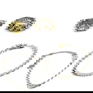 John Hardy Sterling and 18k Gold Jewelry: A four piece lot of signed John Hardy jewelry. There are two dragon bracelets (Legends of Naga Collection) and two rings.Dimensions:The rings are size 6 and 7, both bracelets are 7" in circumference.
