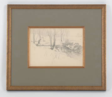 Arthur Meltzer (1893 - 1989) Pencil Sketch: A winter scene with creek and trees, signed as pictured. Dimensions: Sight is 5 3/4" x 8", the frame 13" x 15".