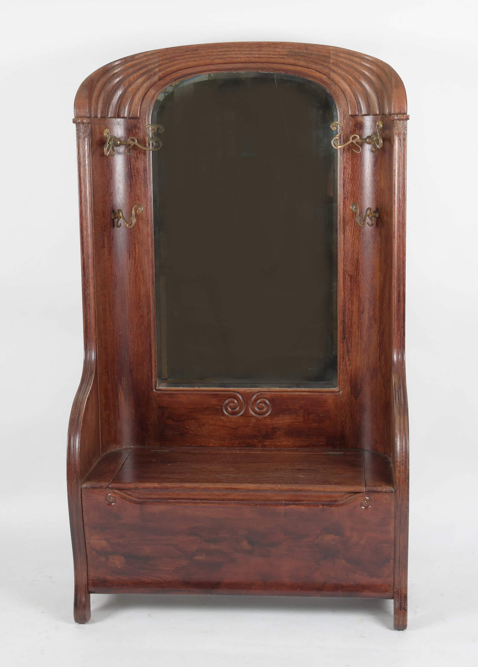 Art Nouveau Carved Oak Hall Mirror / Settle (1 of 9)