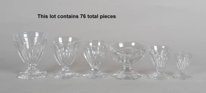 Suite of Seventy-Six Baccarat Clear Glass Stemware: An Assembled Suite of Seventy-Six Baccarat Clear Glass Stemware, 20th Century, each with etched mark to the underside. Comprising thirteen 3 3/4in coupes; twelve 4 3/4in goblets; thirteen 4in gla