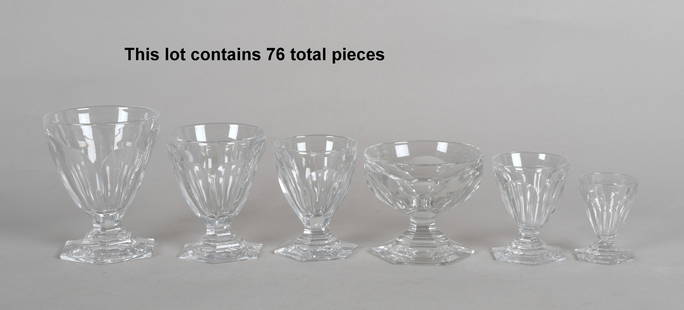 Suite of Seventy-Six Baccarat Clear Glass Stemware: An Assembled Suite of&nbsp;Seventy-Six Baccarat Clear Glass Stemware, 20th Century, each with etched mark to the underside. Comprising thirteen 3 3/4in coupes; twelve 4 3/4in goblets; thirteen 4in gla