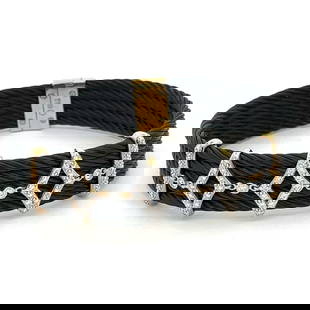 Charriol 18K Gold Diamond Cable Bracelet: Signed Charriol 18K yellow gold, stainless steel and diamond bracelet. Diamonds SI clarity, G-H-I color. Gross Diamond weight: .25pts t.w. Measures 6-3/4" x 9/16" Hallmarked: Charr