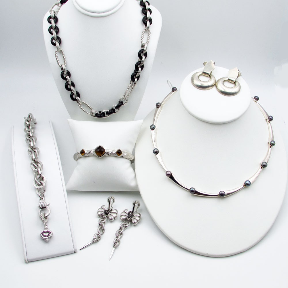 Designer sterling silver jewelry lot Ripka Stephen Webster: Lot includes two necklaces two pairs of earrings, and two bracelets. Measure: Earrings 1-1/4" x 1" & 3" x 7/8" Necklace 16" & 24" Br