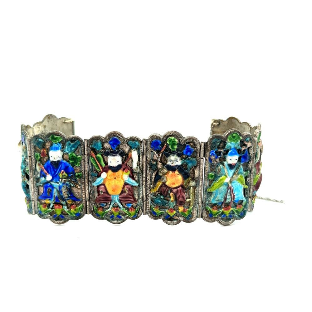 Two vintage Chinese silver and enamel jade bracelets (1 of 8)